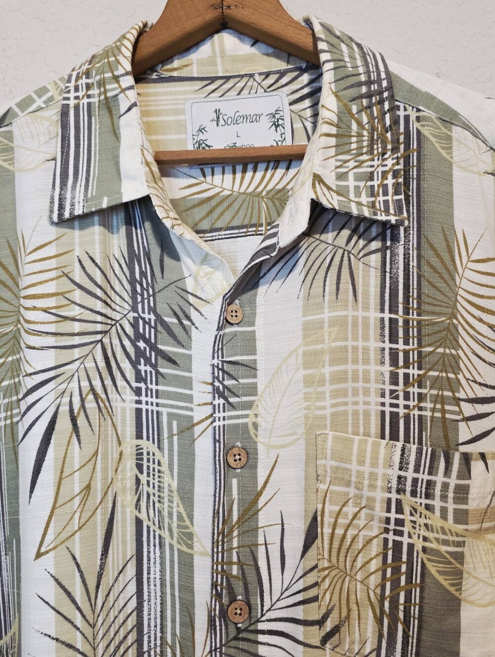 Solemar Hawaiian Shirt Bamboo Natural Short Sleeve Button Up Resort Vacation LG